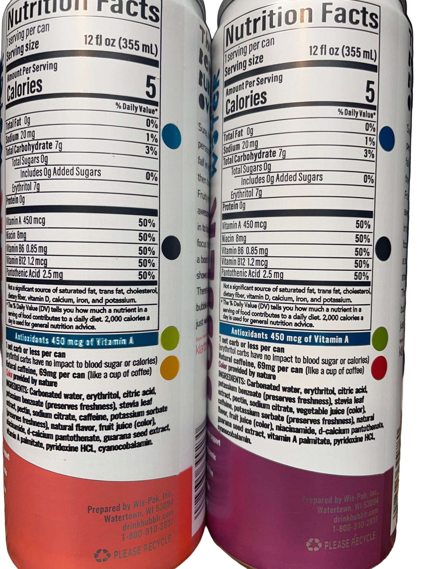 Two cans of a beverage with nutrition labels.