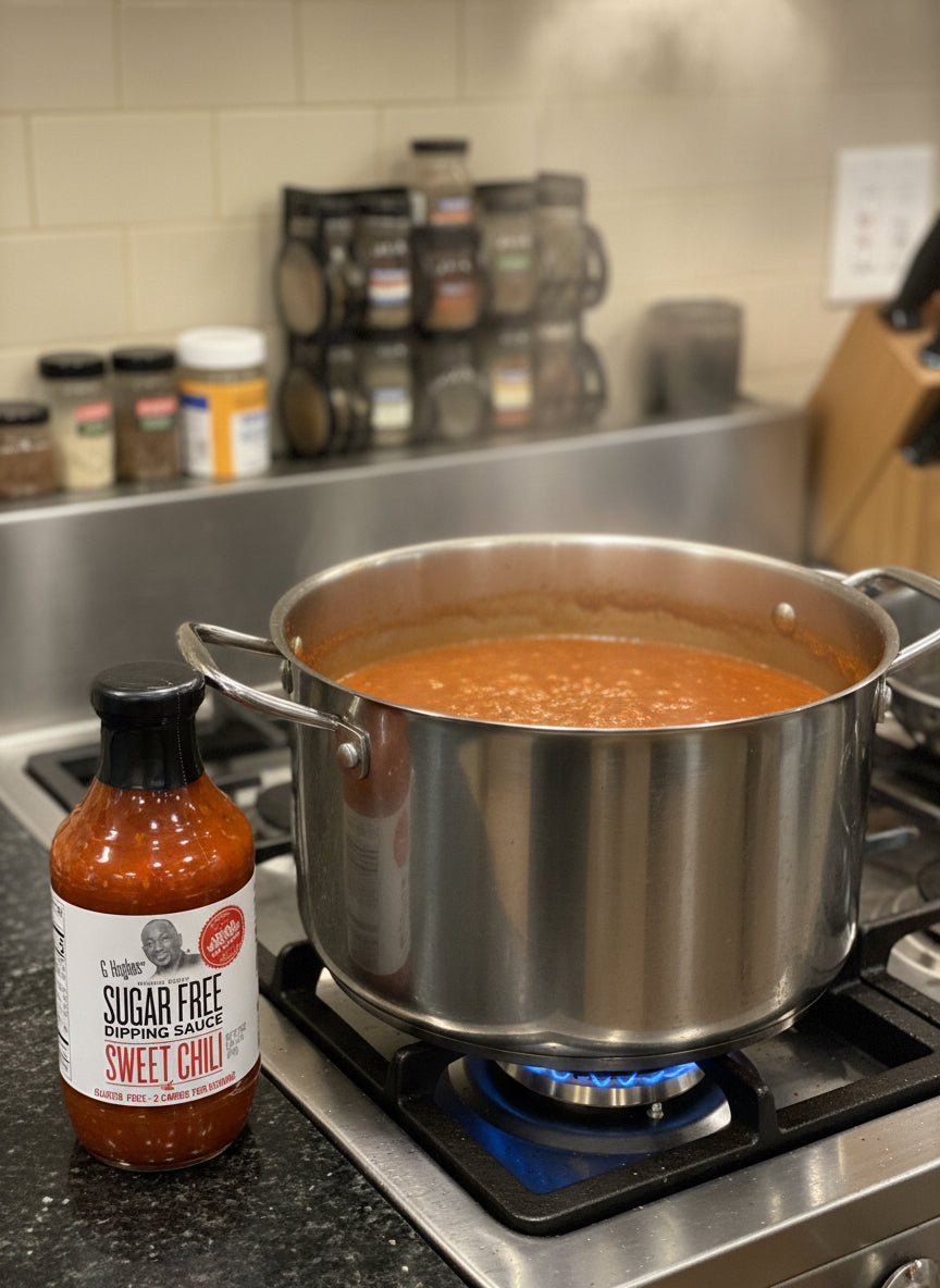 Bottle of sugar-free sweet chili dipping sauce on a wooden surface