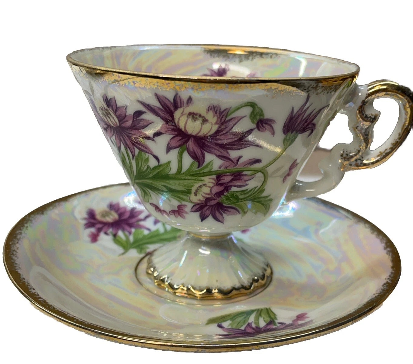 Vtg. Iridescent Pedestal Teacup & Saucer September Aster, Sterling China, Japan