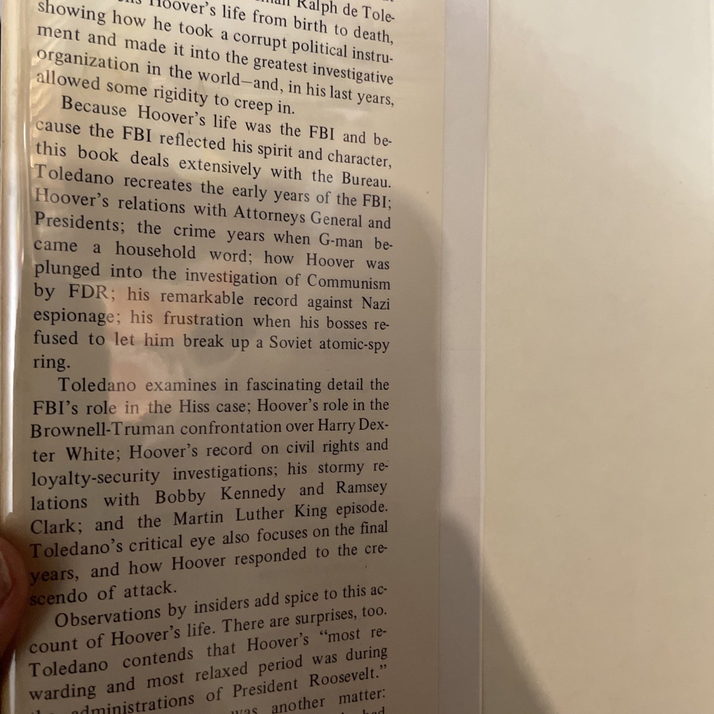 J EDGAR HOOVER THE MAN IN HIS TIME; by de TOLEDANO; FBI HISTORY (1973) Hc Dj