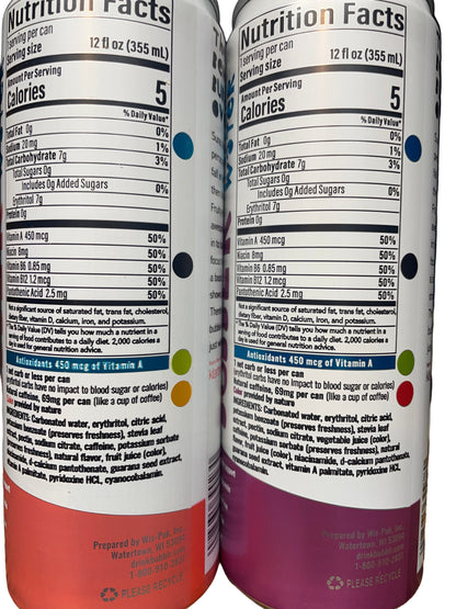 Two cans of a beverage with nutrition labels.