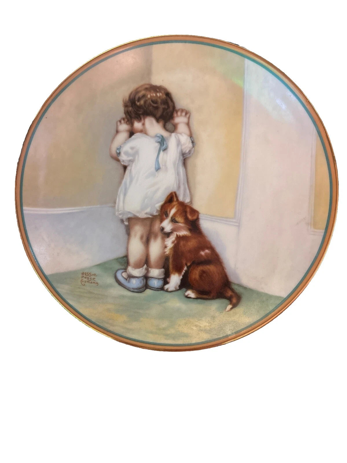 Decorative plate with a painting of a child and a dog peeking around a corner.