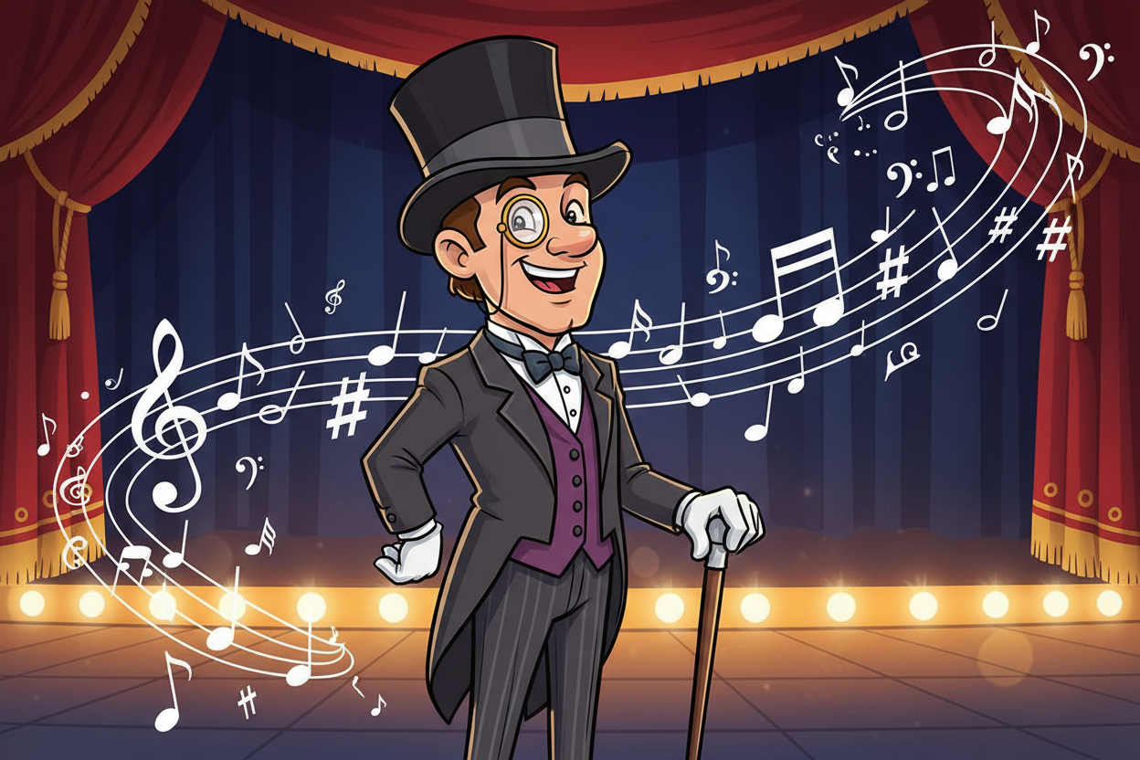 Make an image of a man who is dressed  well with a top hat cartoon style and a monocle with a bunch of music notes floating around him 