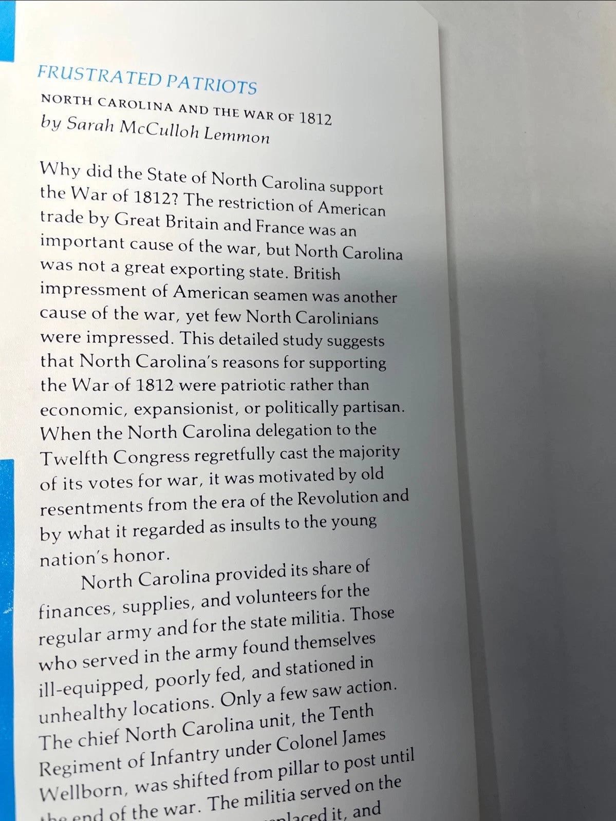 Sarah McCulloh LEMMON / Frustrated Patriots North Carolina and the War 1st 1973