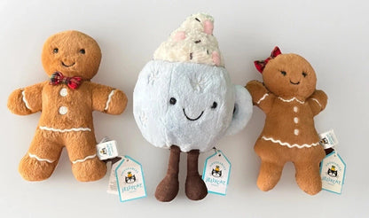 Jellycat  Gingerbread Fred Boy & Ruby Girl, Hot Chocolate ,8in, NWT Plush  3 Pk