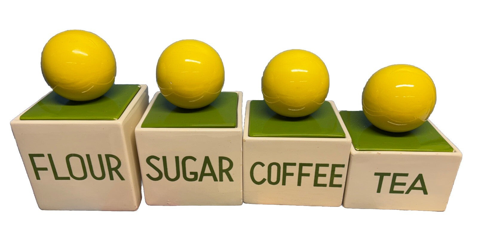 Set Of 4 Mid Century Canister Set Holiday Designs Flour Sugar Coffee Tea !!!