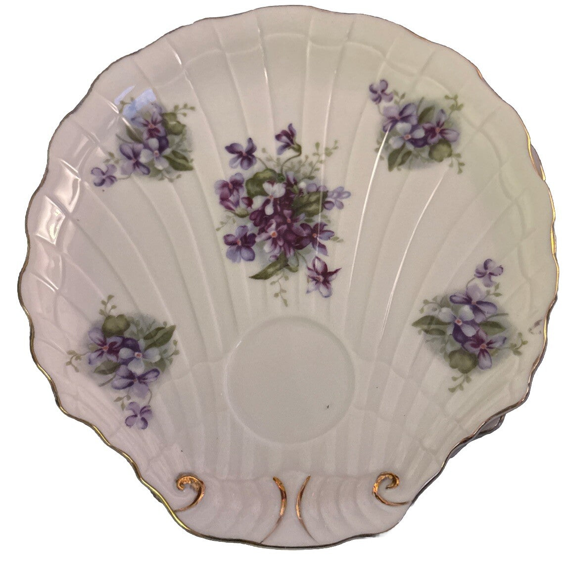 Lefton Shell Shaped 4 Hand Painted China Dishes Gold Trim Purple Violets