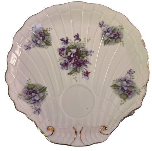 Lefton Shell Shaped 4 Hand Painted China Dishes Gold Trim Purple Violets