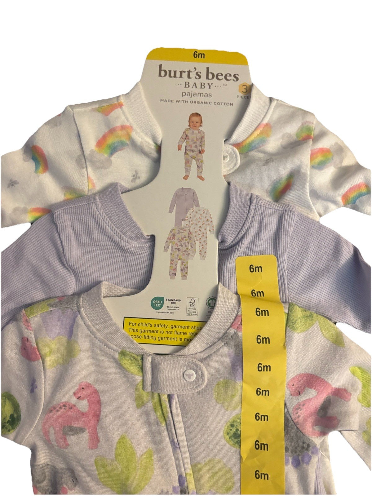 Burt's Bees Baby 3-pack Sleep & Play Pajamas 6mo, Rainbows, Dinosaurs