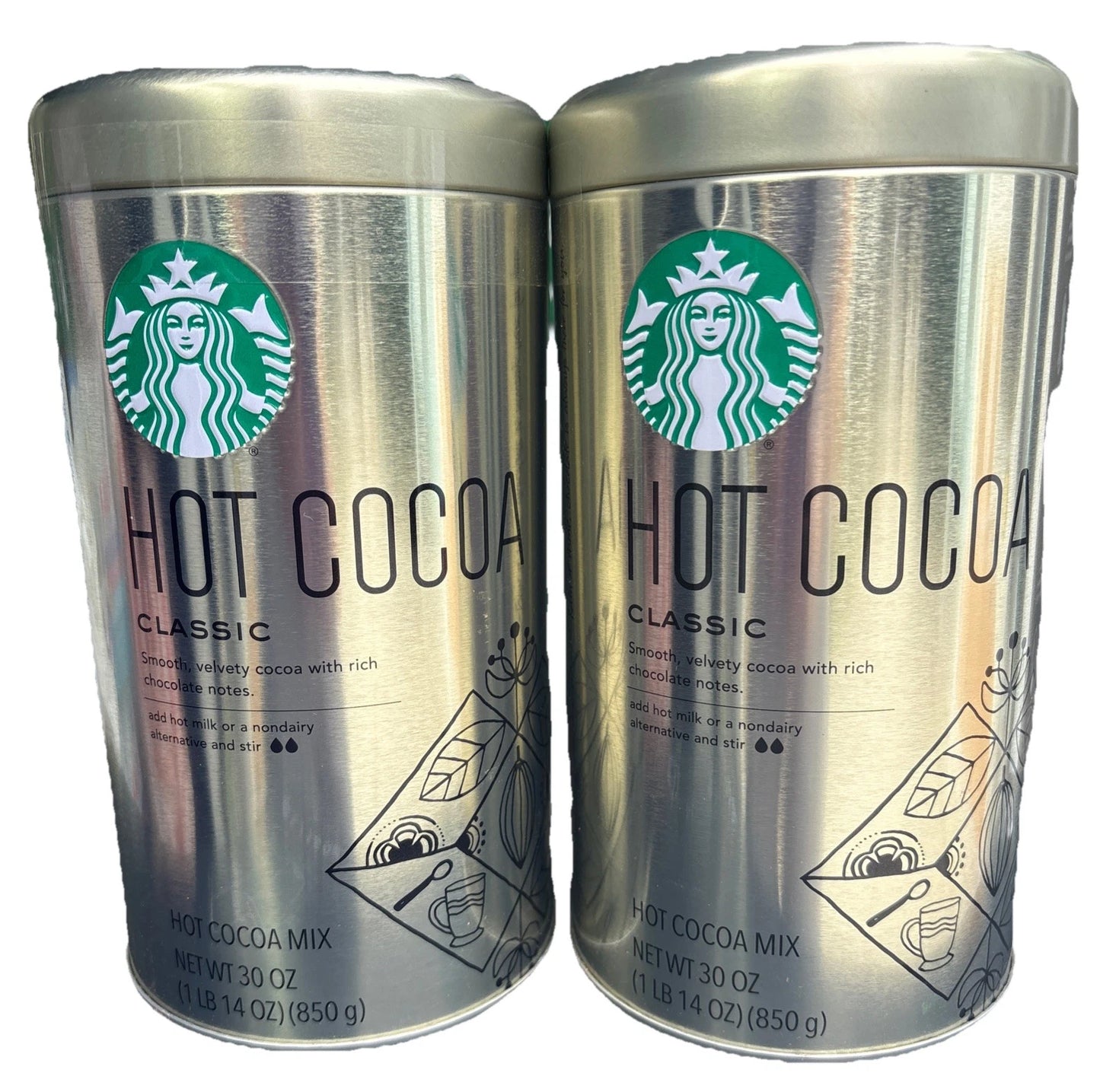 2 Tins Starbucks Classic Hot Cocoa Mix Powder 30 oz Each Tin, Total 60 oz