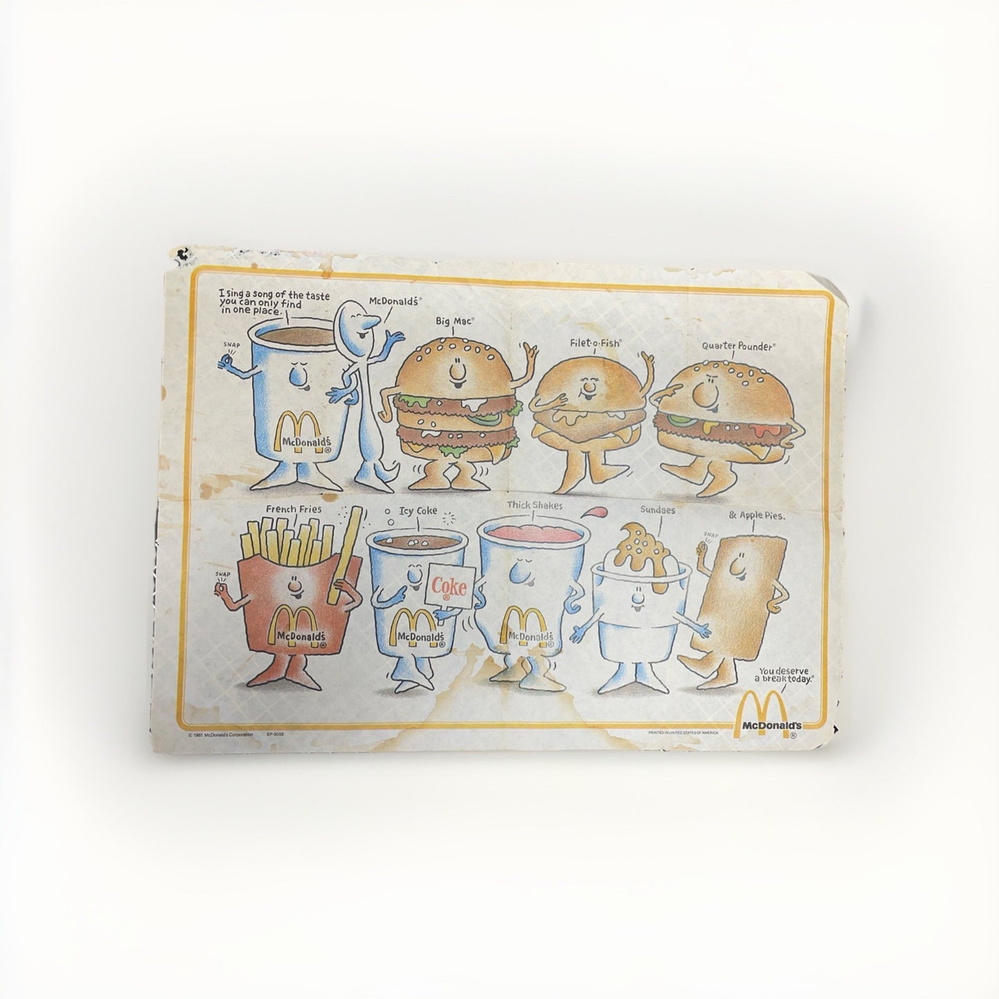 You Deserve A Break Today Vintage McDonald’s Paper Mat  80s See Pics Some Stains