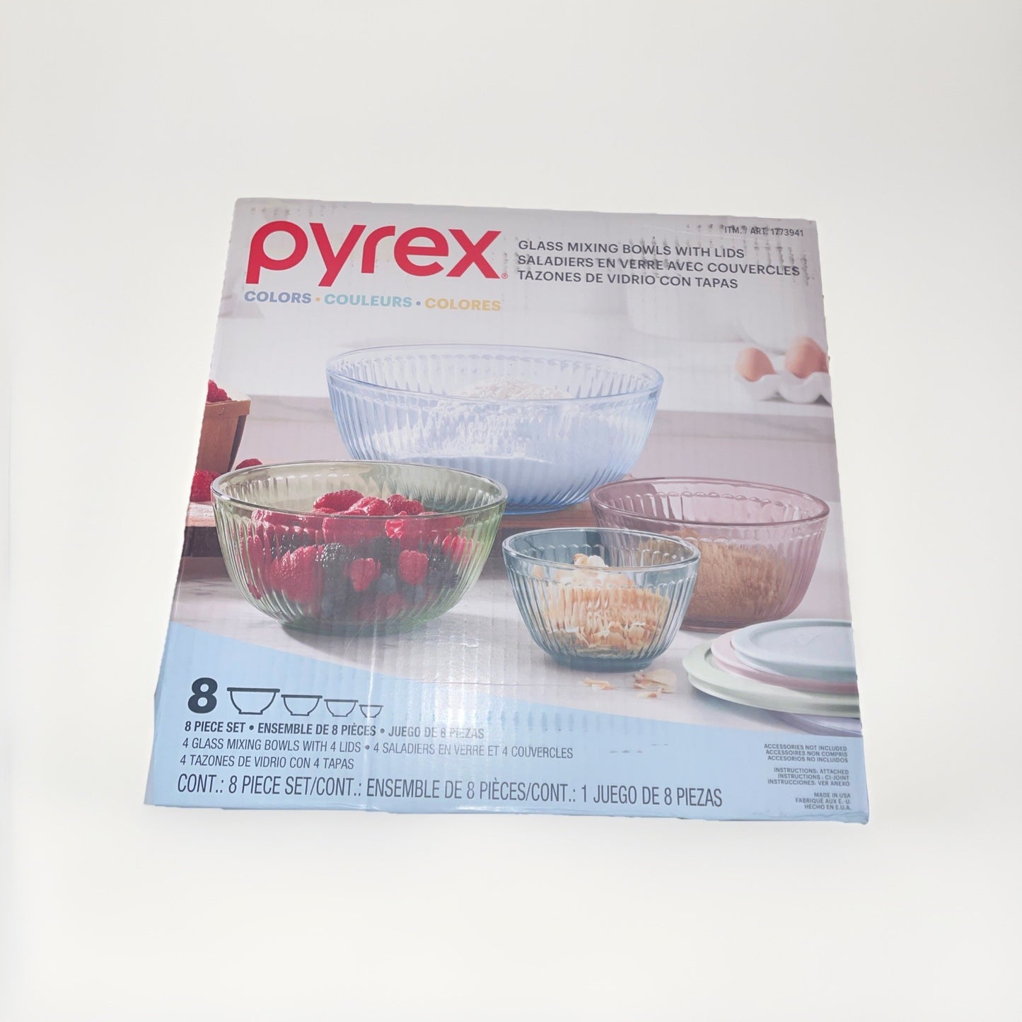 Pyrex PASTEL Diff Colored Glass Mixing Bowl Set with Lids, 8-Pieces BRAND NEW!!