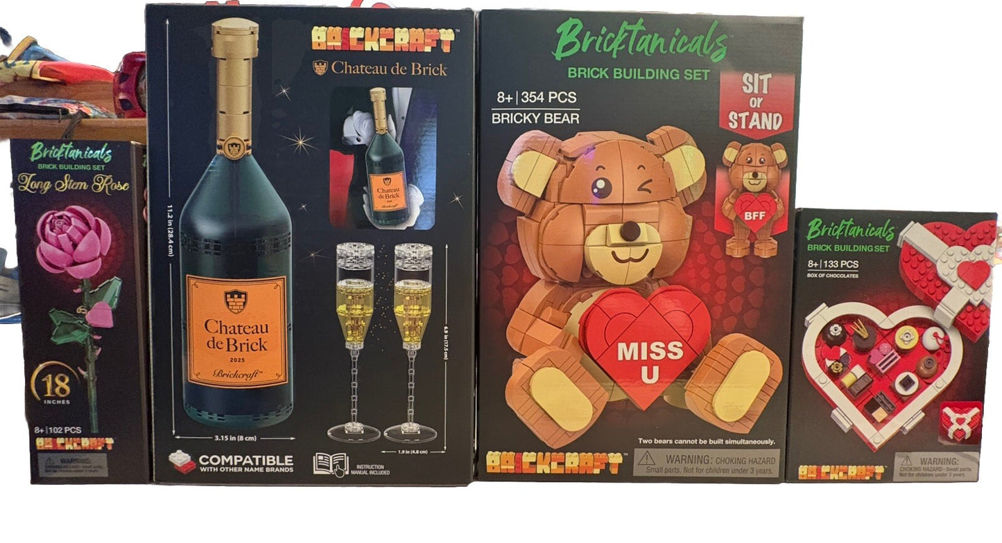 Brickcraft Valentines Day Gift🍾4 Pcs Building Set/Champagne, Roses & Chocolates