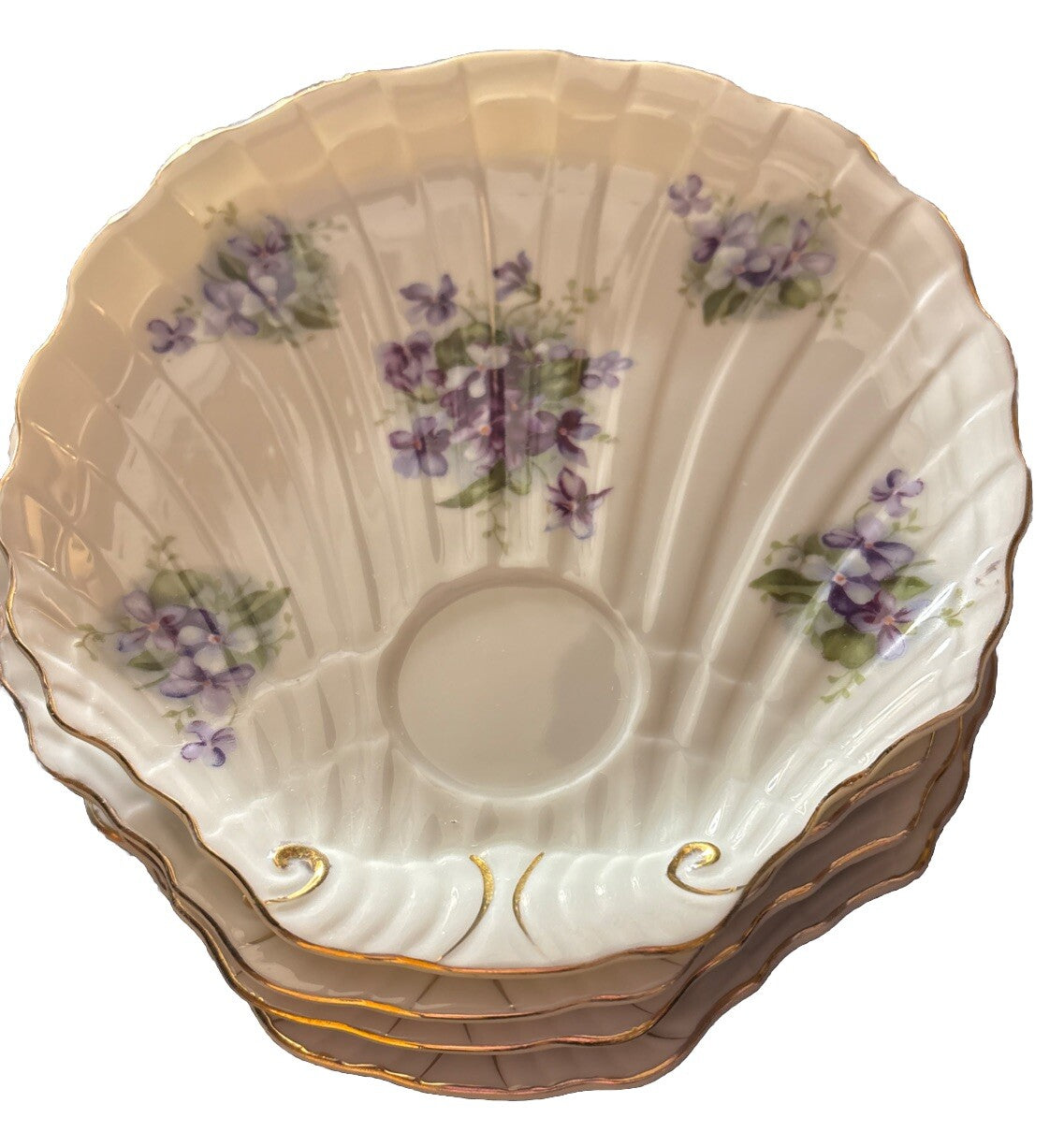 Lefton Shell Shaped 4 Hand Painted China Dishes Gold Trim Purple Violets
