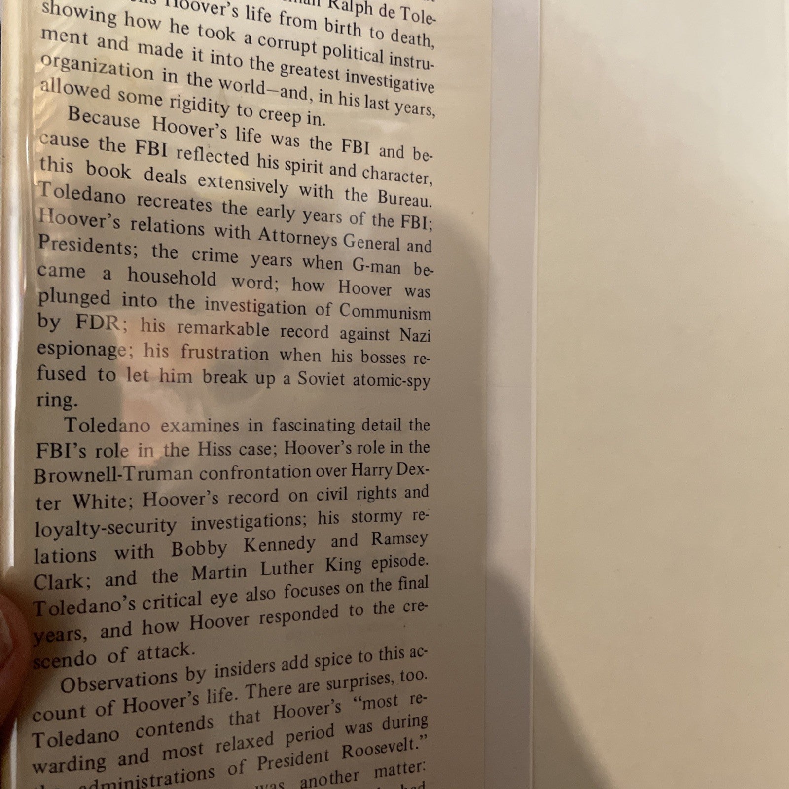 J EDGAR HOOVER THE MAN IN HIS TIME; by de TOLEDANO; FBI HISTORY (1973) Hc Dj