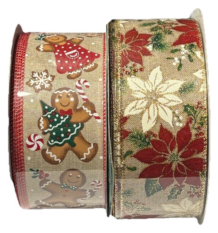 Kirkland Wire Edged Christmas gingerbread man ribbon 50 yards each 2 pack