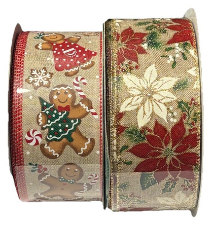 Kirkland Wire Edged Christmas gingerbread man ribbon 50 yards each 2 pack