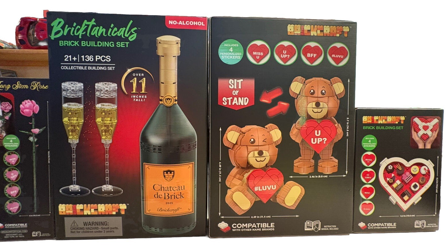 Brickcraft Valentines Day Gift🍾4 Pcs Building Set/Champagne, Roses & Chocolates