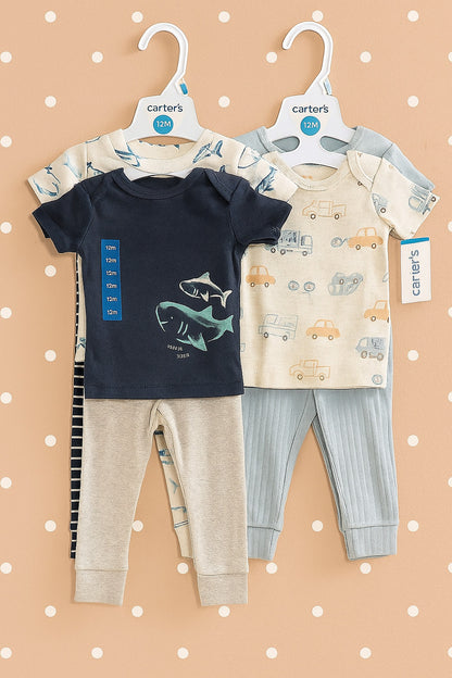 CARTER'S Boys Dinosaurs, Trucks, Cars, 4 Shirts, 4 Pants Sets, 12mo