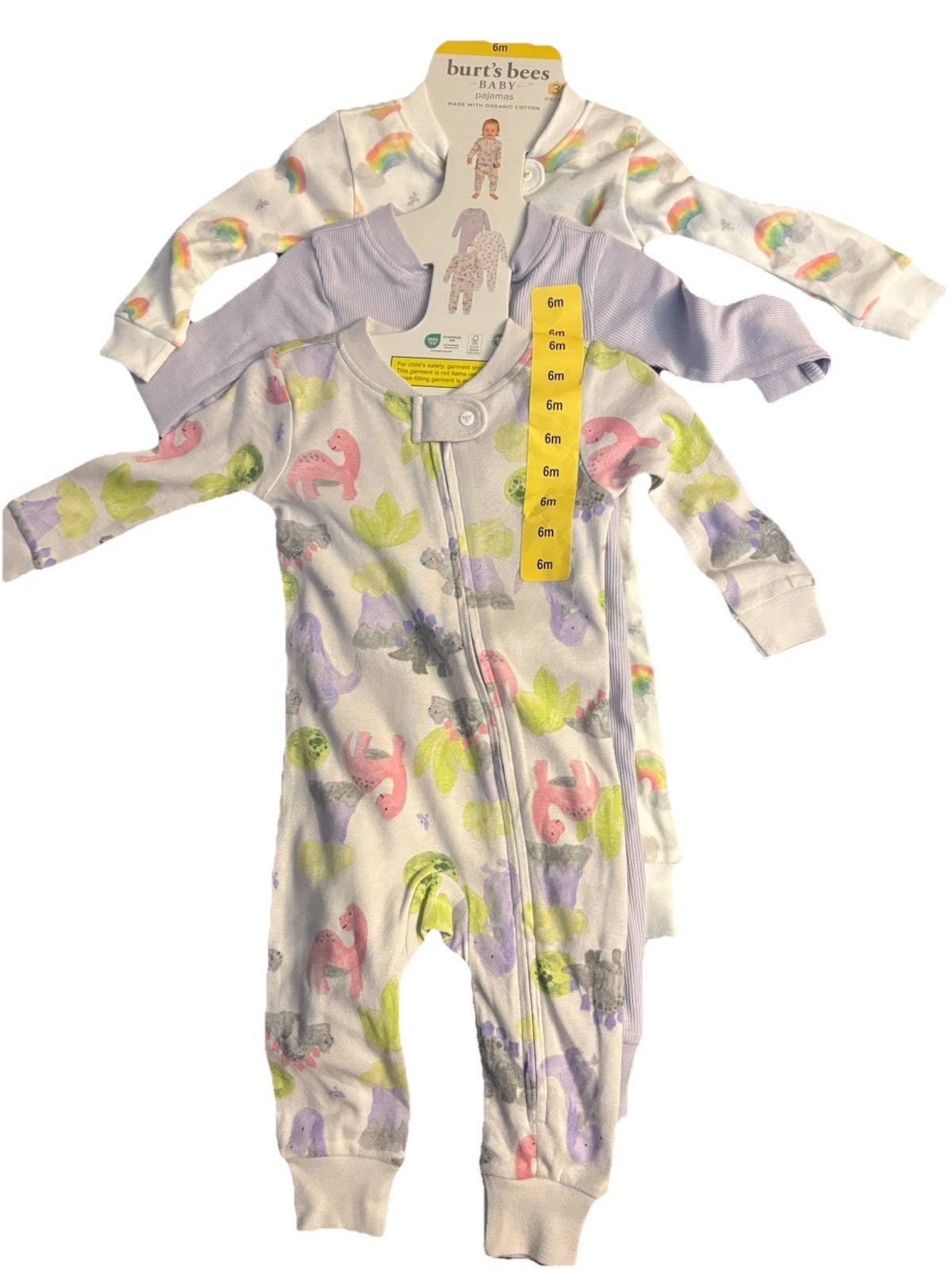 Burt's Bees Baby 3-pack Sleep & Play Pajamas 6mo, Rainbows, Dinosaurs