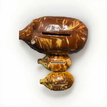 Antique Vintage Piggy Coin Bank Drip Glaze Ceramic  Pottery Set Of 3 Some Chips