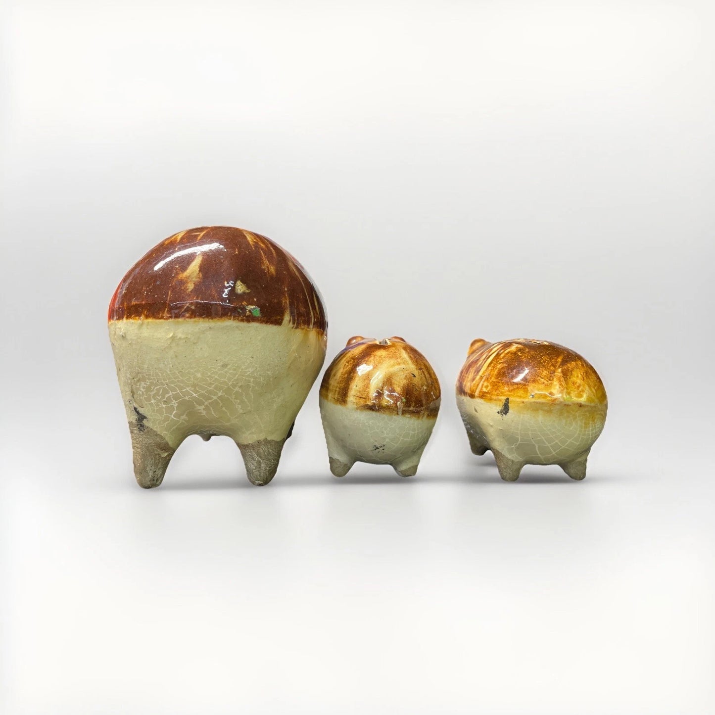 Antique Vintage Piggy Coin Bank Drip Glaze Ceramic  Pottery Set Of 3 Some Chips