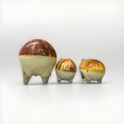 Antique Vintage Piggy Coin Bank Drip Glaze Ceramic  Pottery Set Of 3 Some Chips